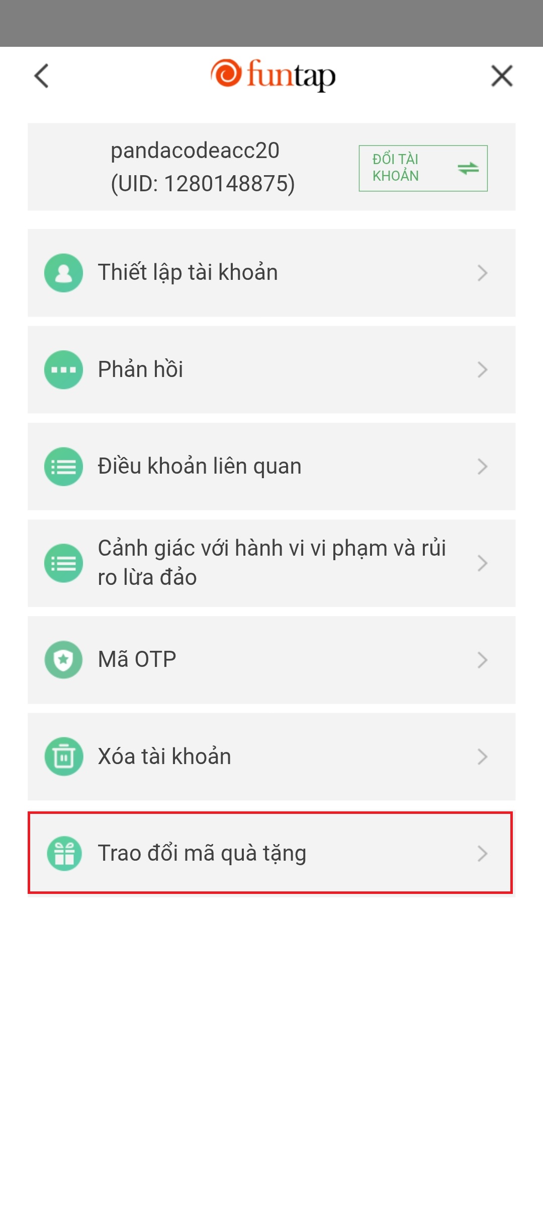 Bước 2 — chọn Trao đổi mã quà tặng
