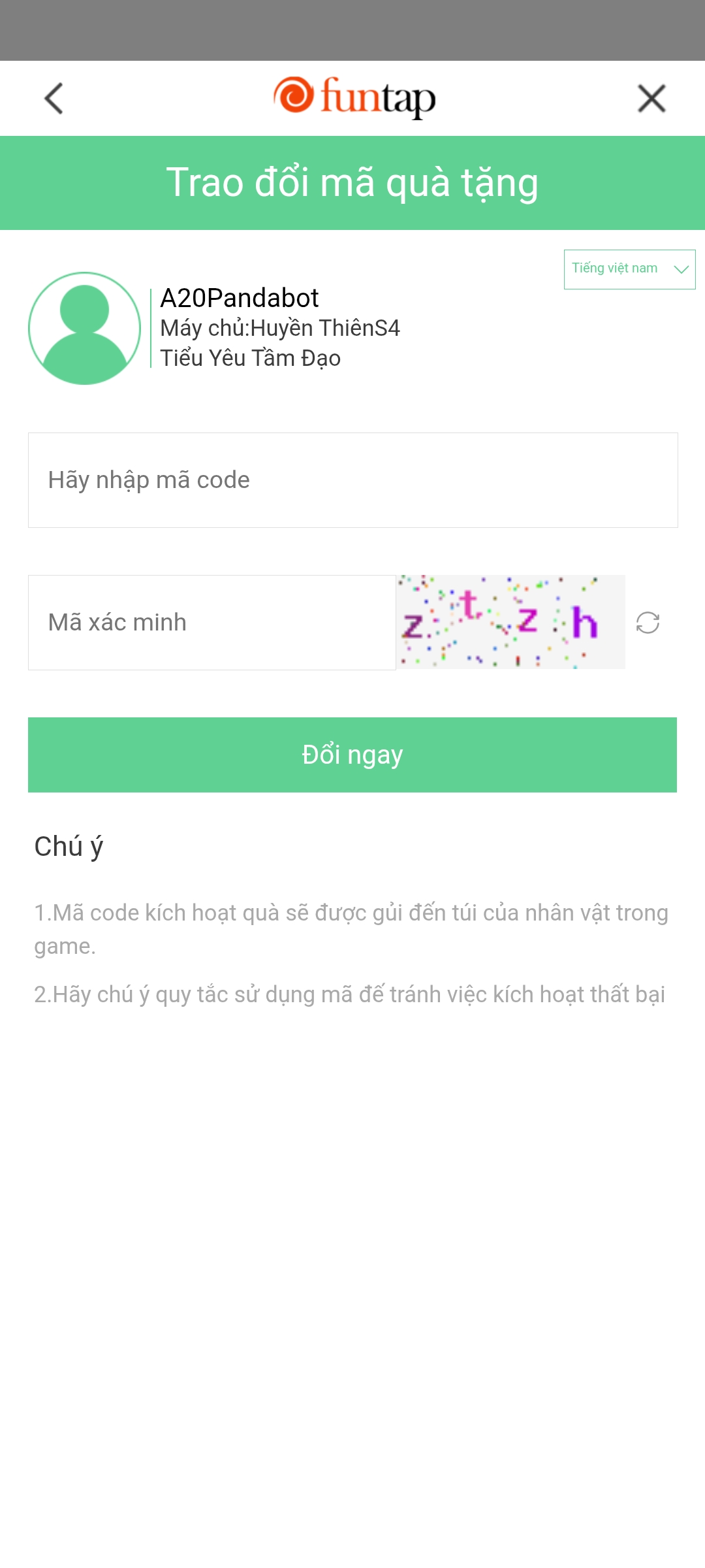 Bước 3 — nhập mã code và mã xác minh rồi bấm Đổi ngay